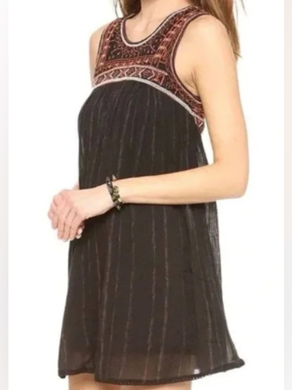 Free People Embroidered Beaded Boho Mini Dress Top Black Tribal Festival XS S